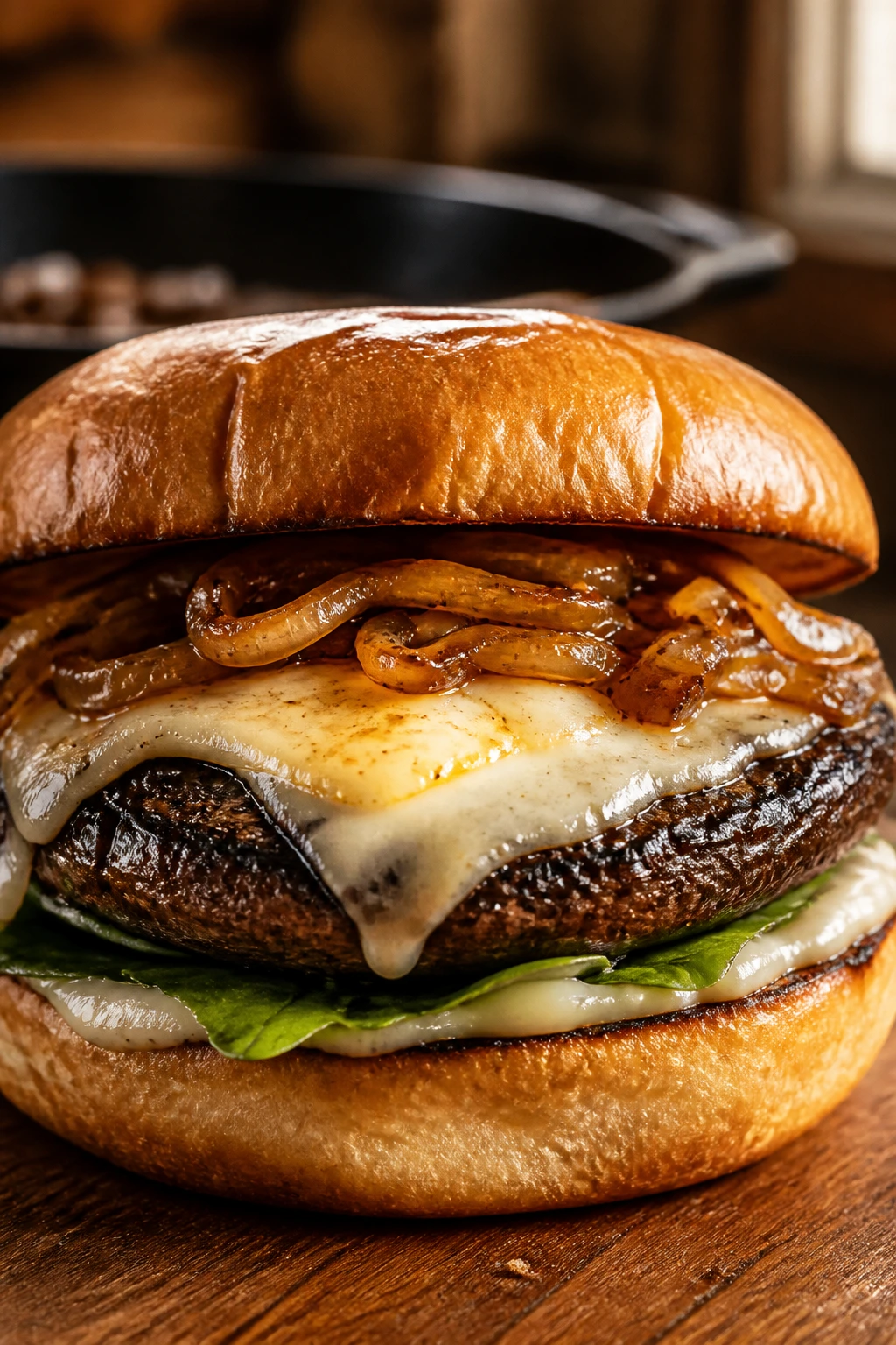 Close-up of a portobello burger browning in a cozy kitchen