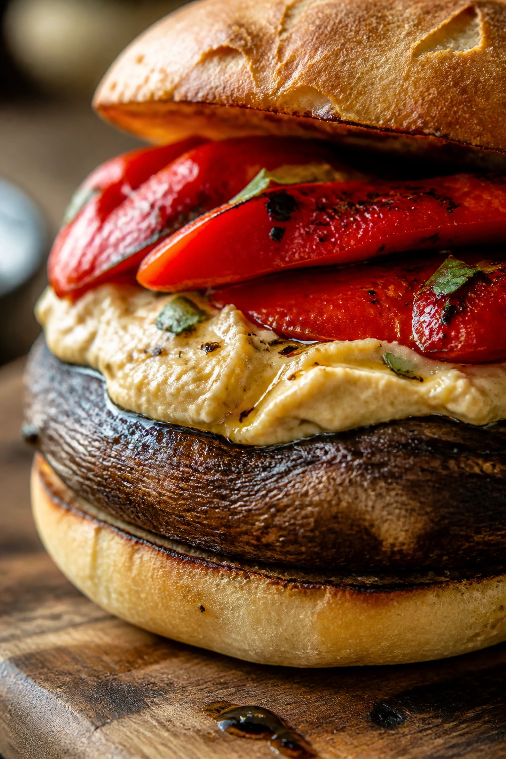 Close-up of Mediterranean hummus and roasted red pepper portobello burger on a rustic board