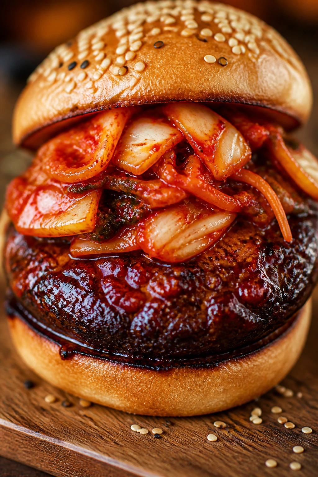 Portobello burger with kimchi and gochujang glaze close-up