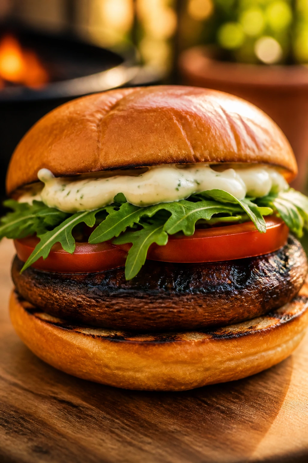 Close-up of portobello mushroom burger with garlic aioli on a bun