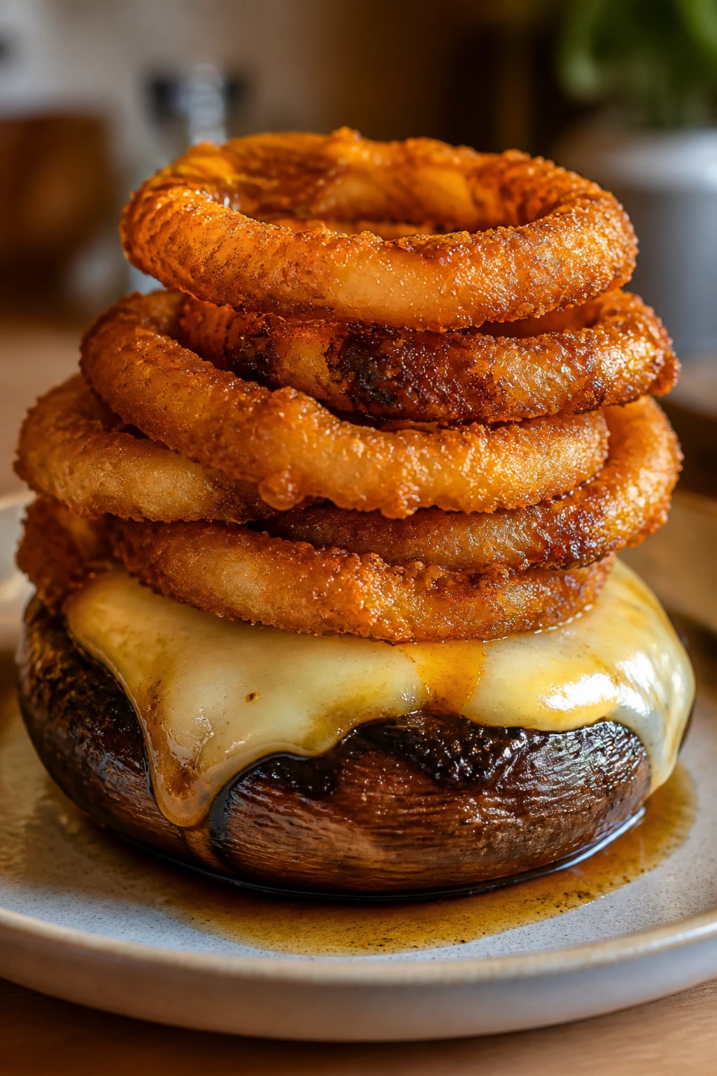 Close-up of crispy onion rings stacked on a portobello burger