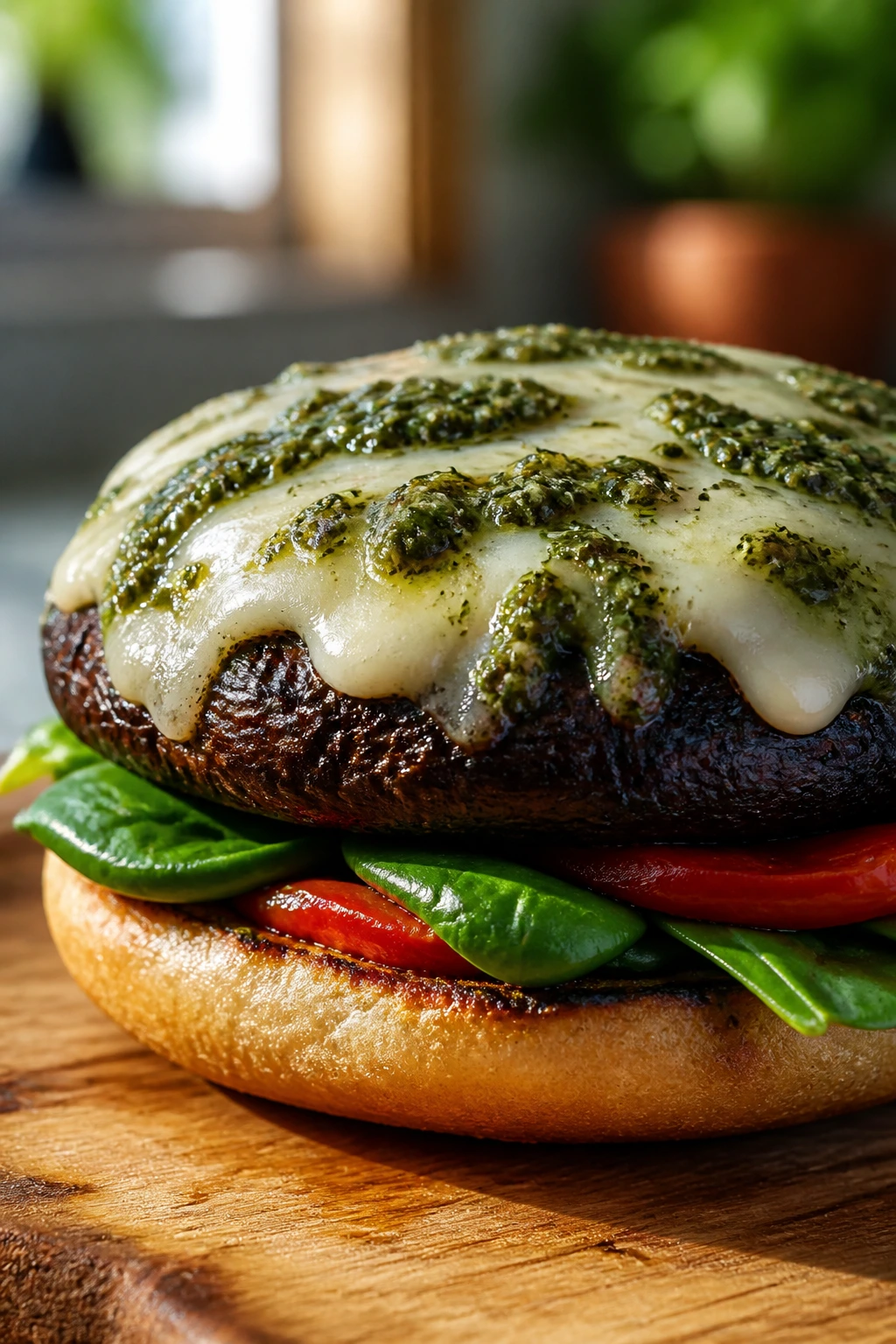 Close-up of pesto mozzarella portobello burger on wooden board