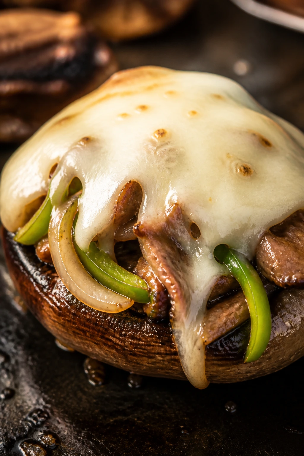 Portobello Philly cheesesteak burger with melted provolone