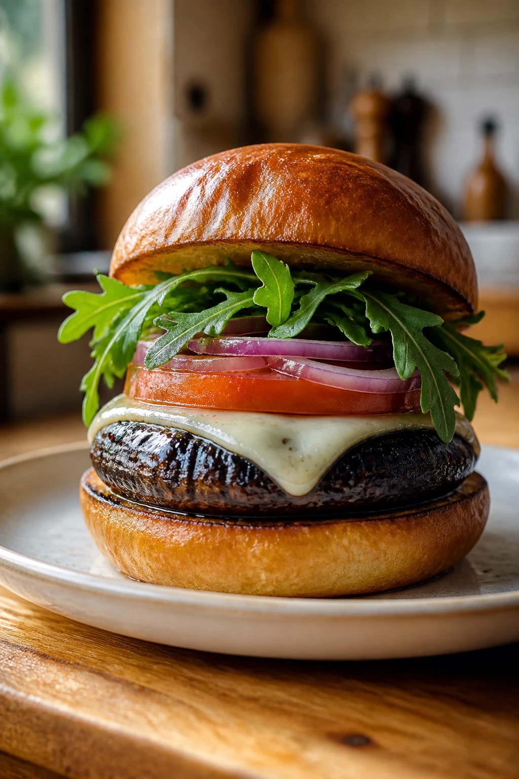 Close-up of portobello burger with cheese and toppings on a toasted bun in a warm kitchen