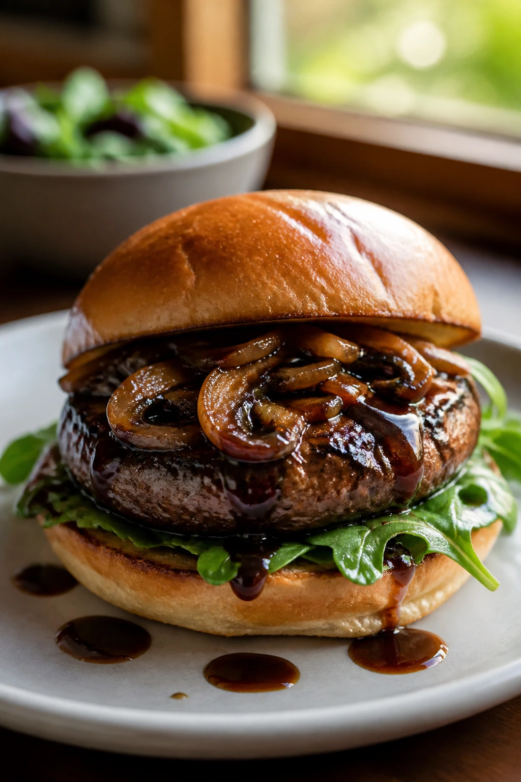 Plated portobello burger with glossy sauce