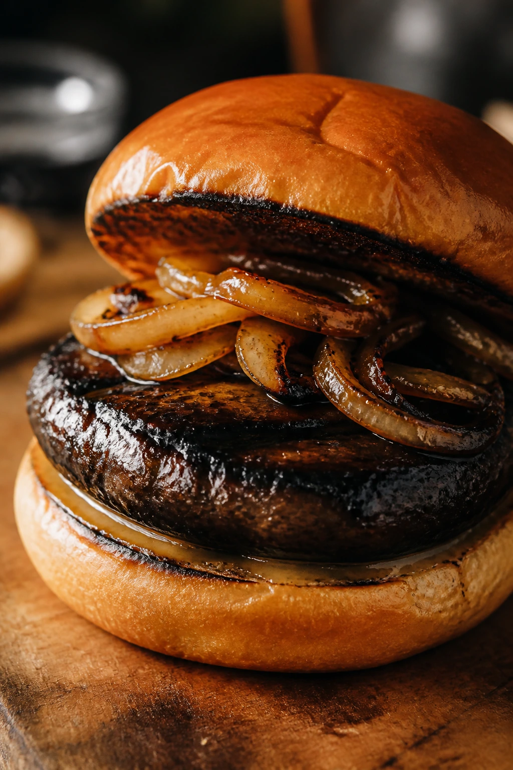 Close-up of a grilled Portobello burger on a bun in a warm kitchen.