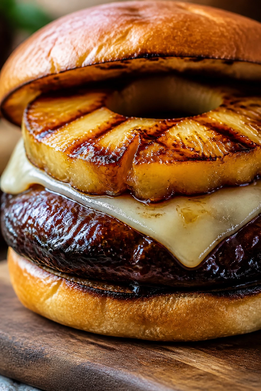 Teriyaki pineapple portobello burger close-up on counter
