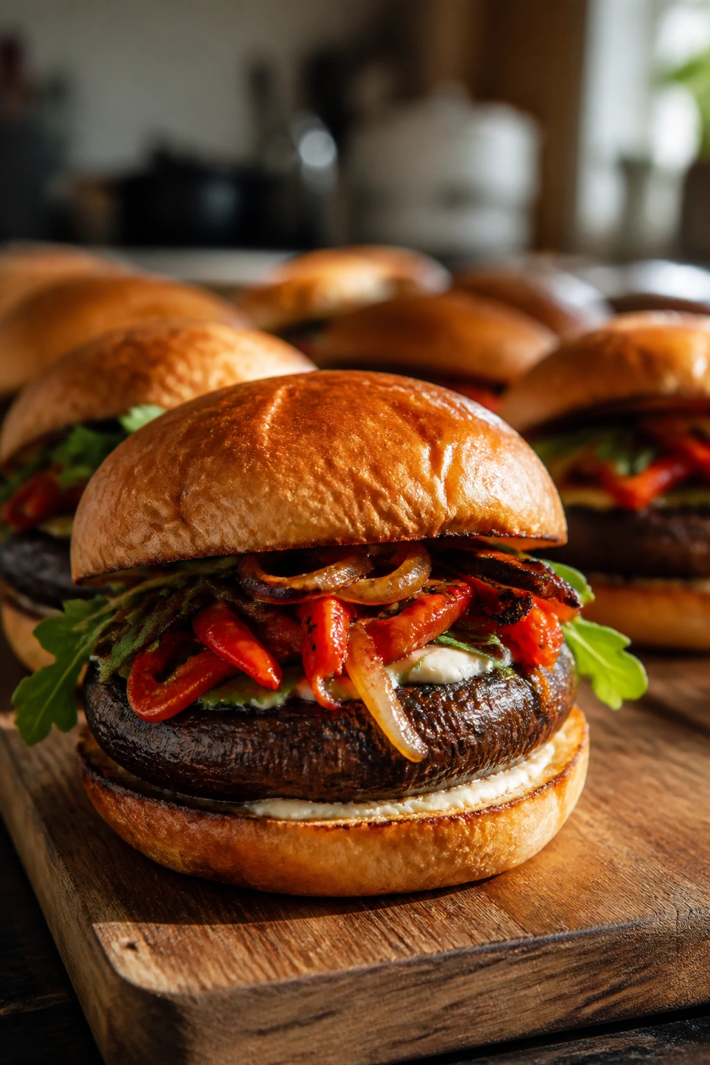 Tray of Portobello burgers on a wooden board with foreground burger in focus.