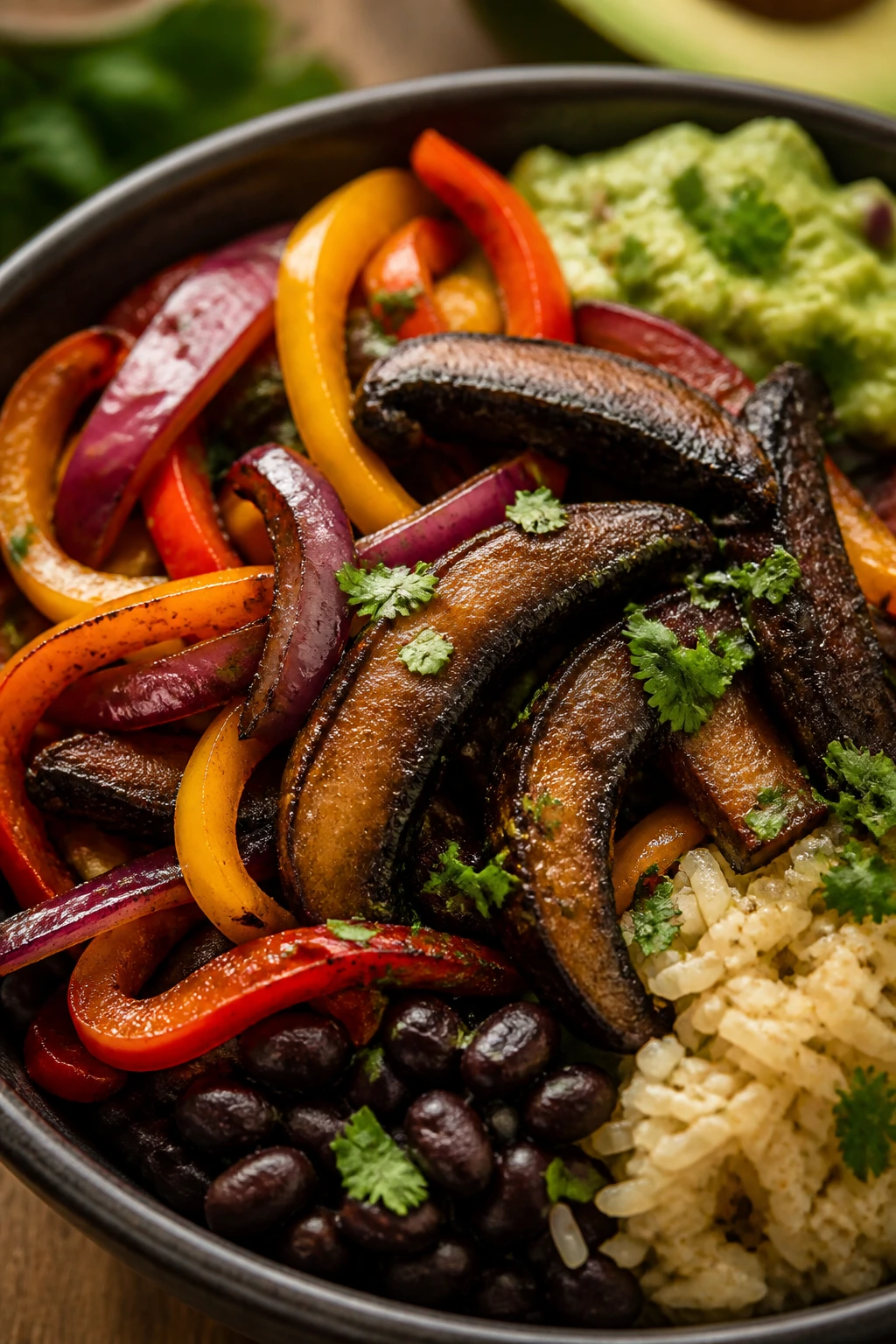Portobello fajita bowl with mushrooms peppers onions and rice