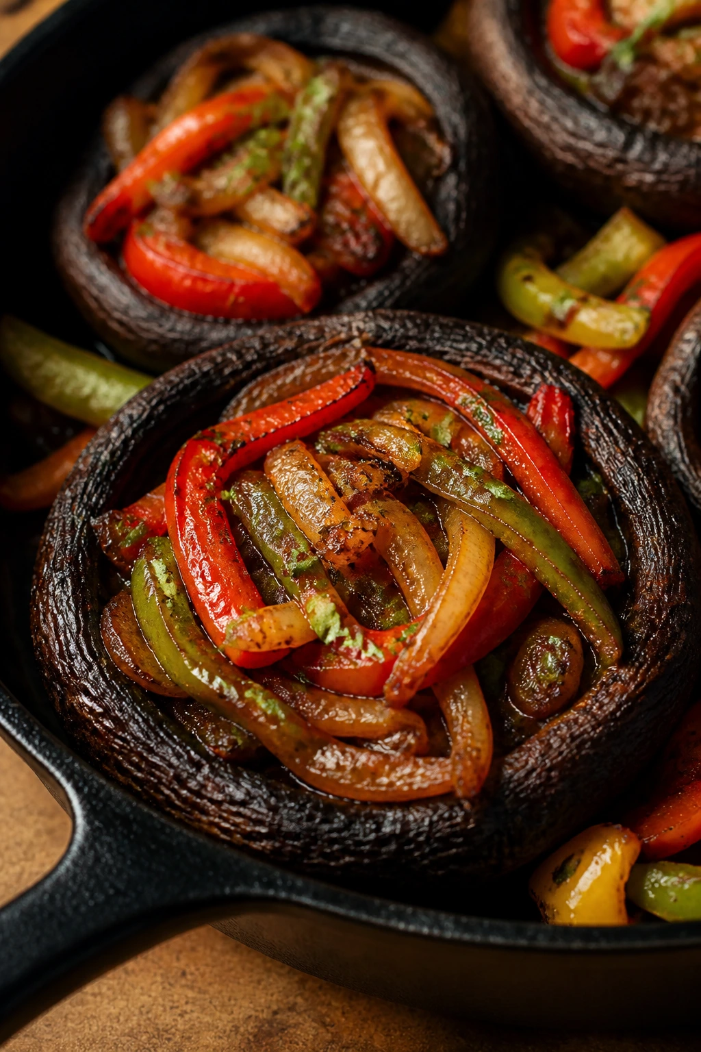 Portobello fajita caps with peppers and onions on a kitchen counter