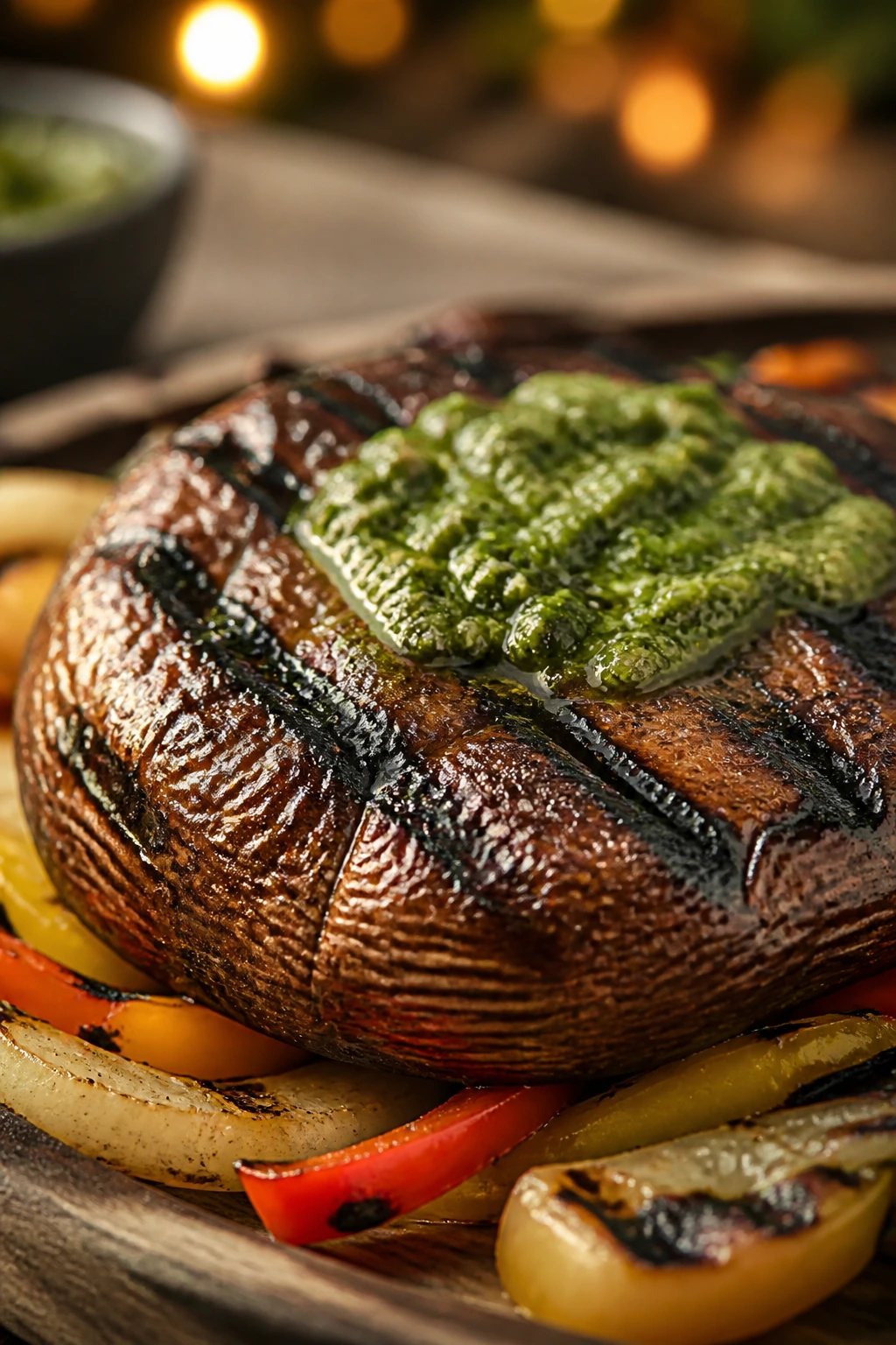 Close-up of grilled portobello fajita cap on a grill
