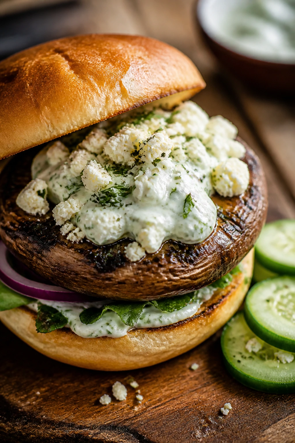 Greek feta tzatziki portobello burger close-up