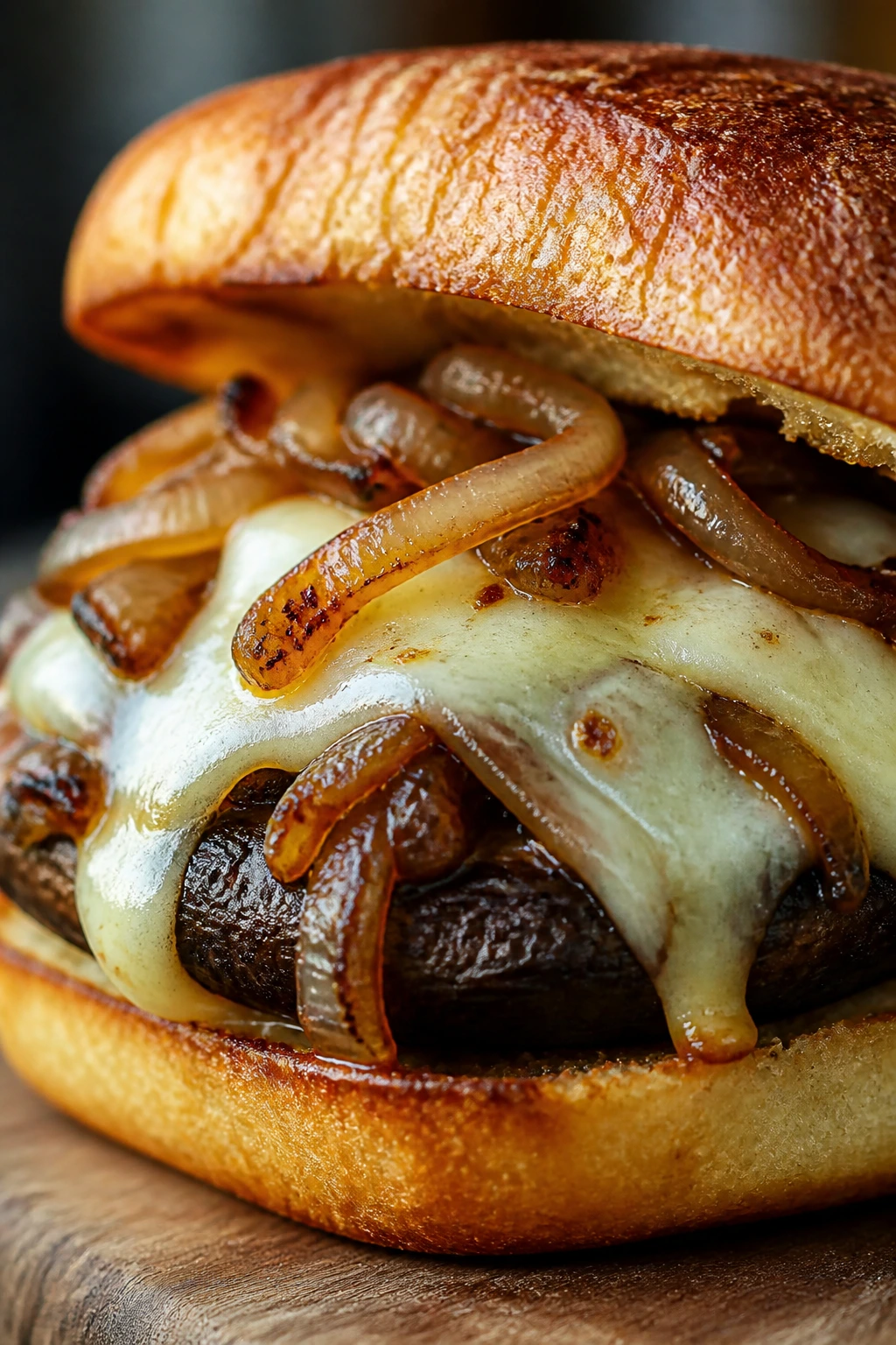 French onion portobello burger close-up with Gruyère