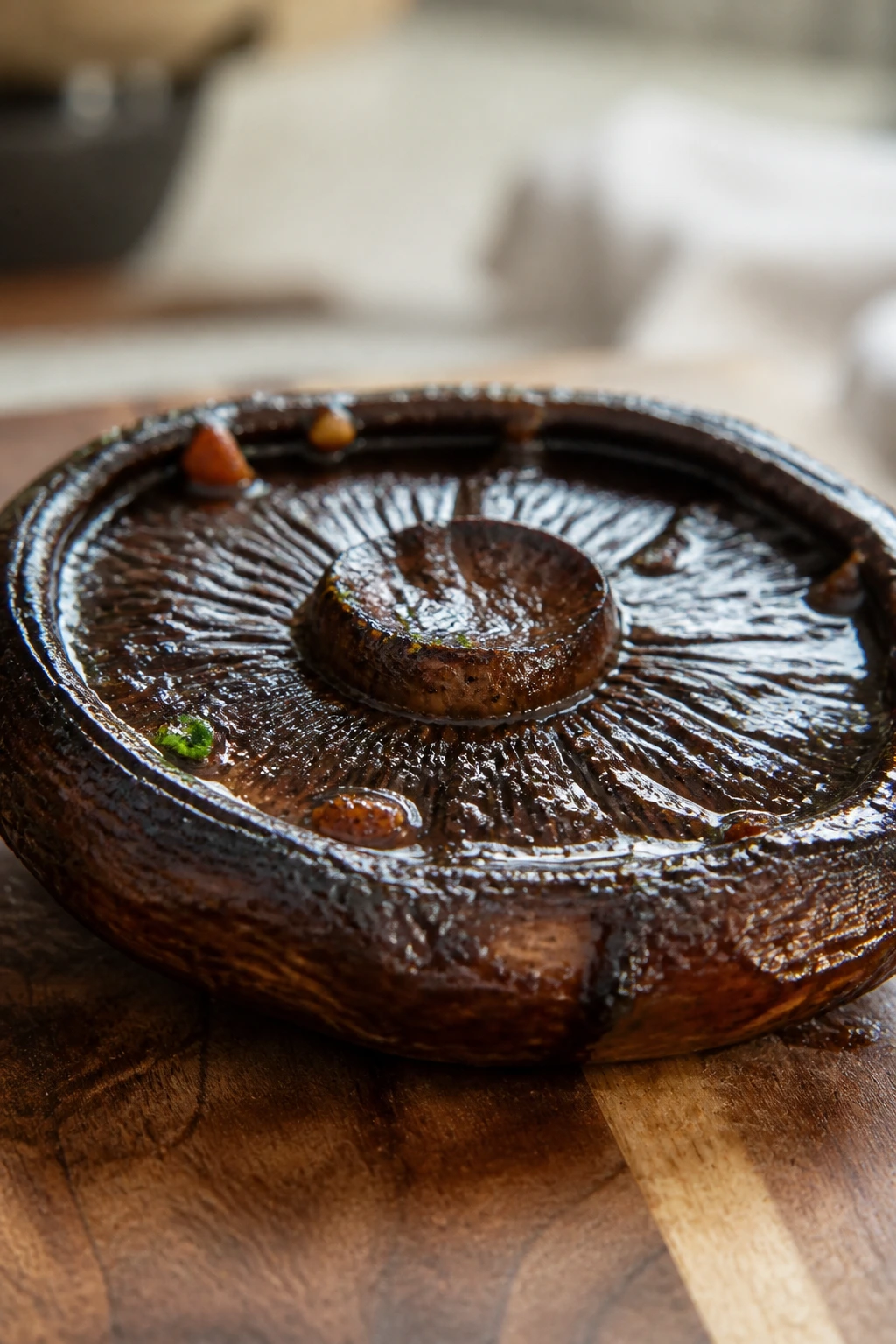 Glossy portobello cap with caramelized edges