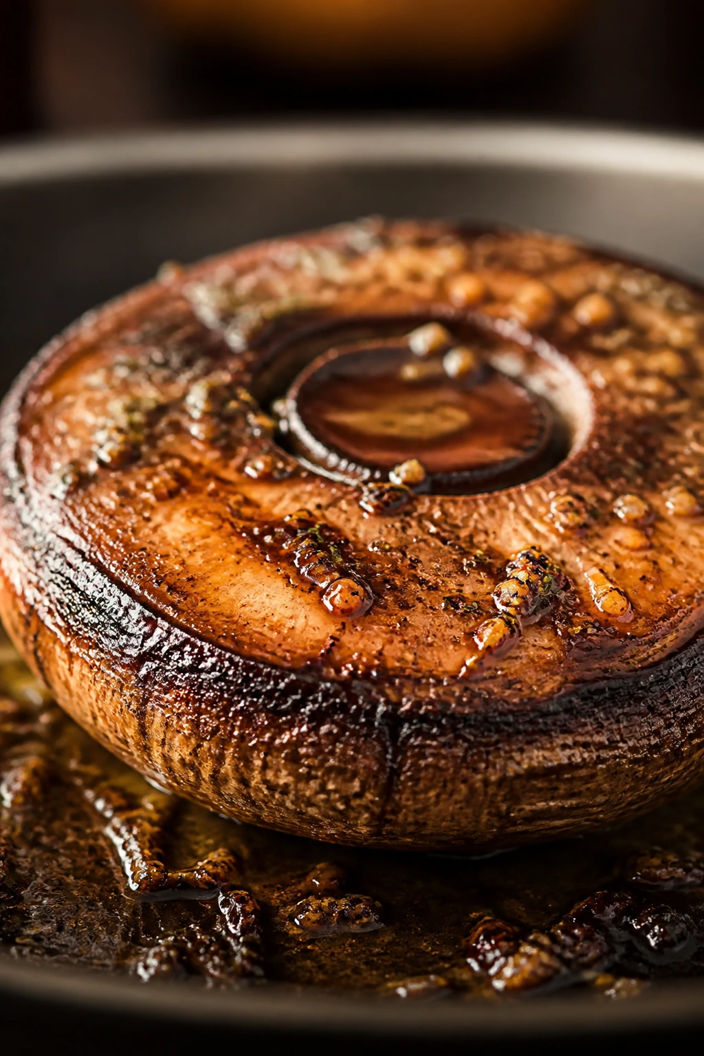 Glossy marinated portobello cap with glaze in a warm kitchen