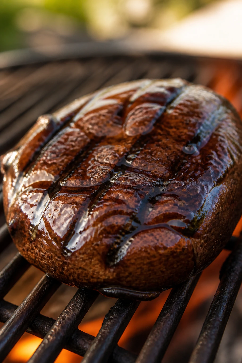 Portobello cap with balsamic glaze in golden hour light