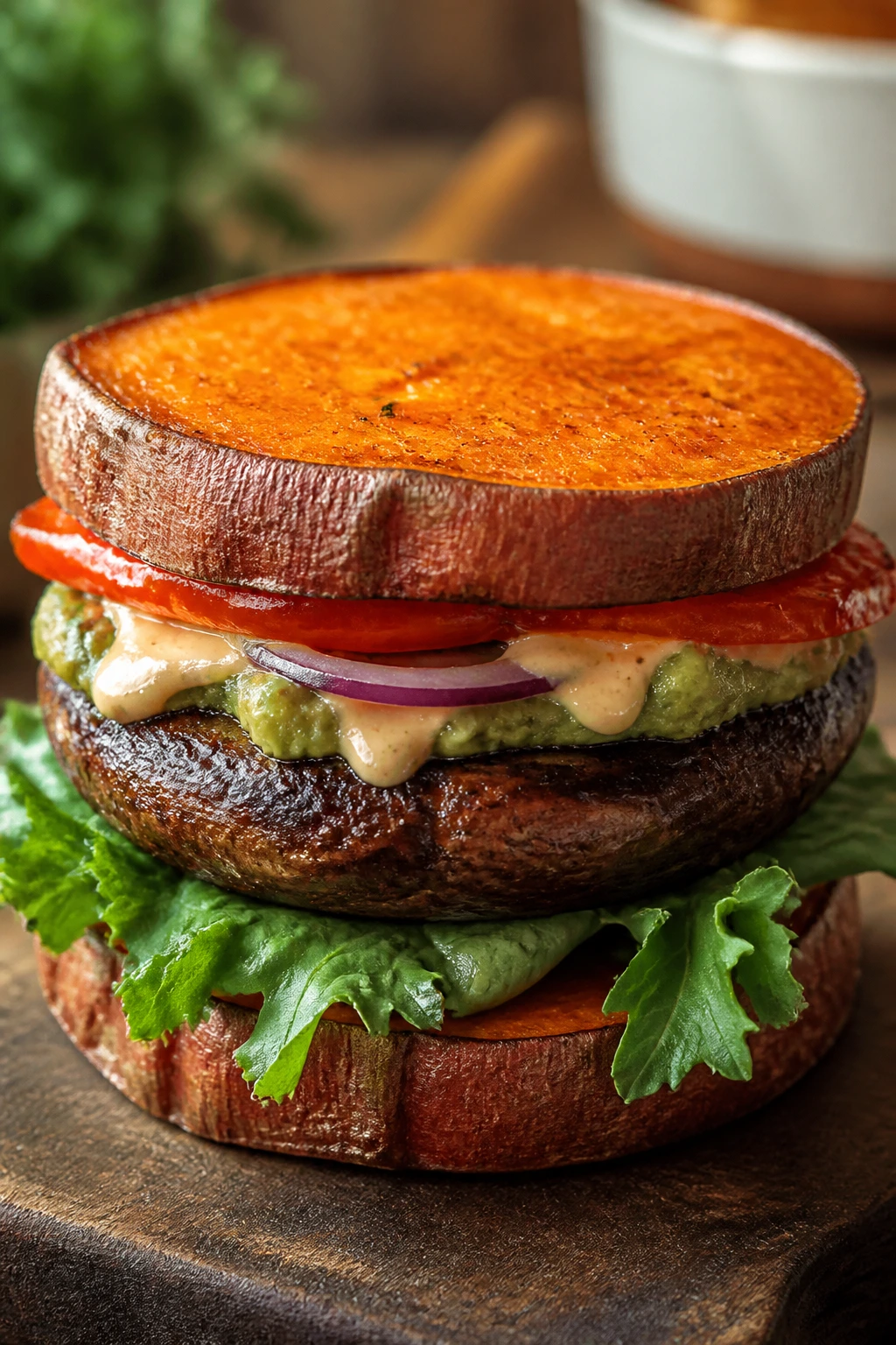 Gluten-free Portobello burger with sweet potato base on rustic board.