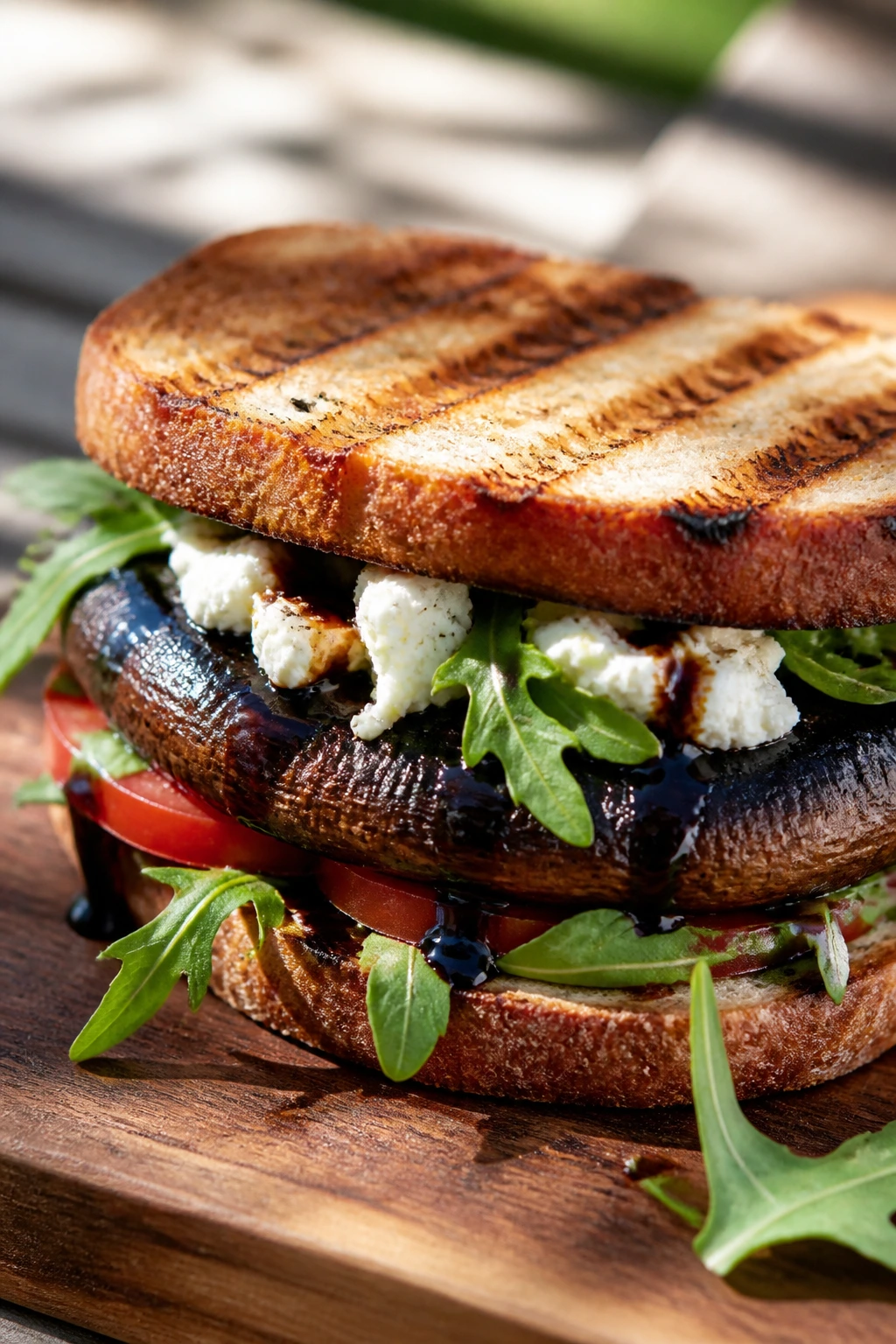 Close-up of Portobello Goat Cheese Sandwich on a wooden board
