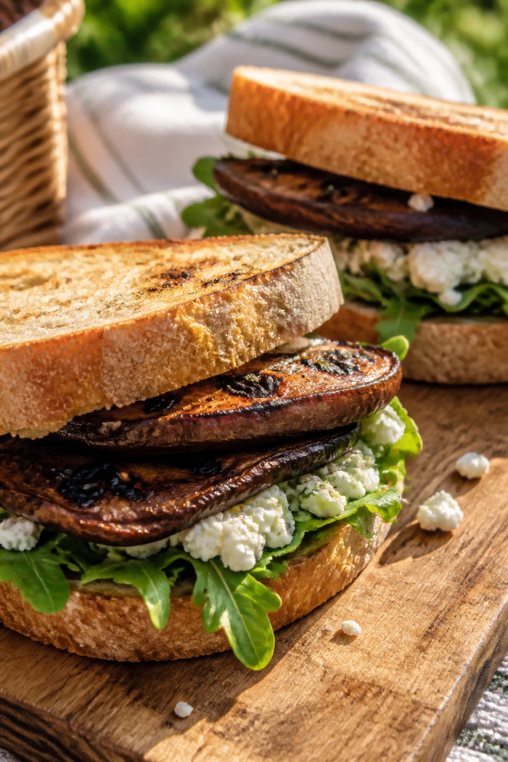 Portobello and goat cheese sandwiches on a picnic board