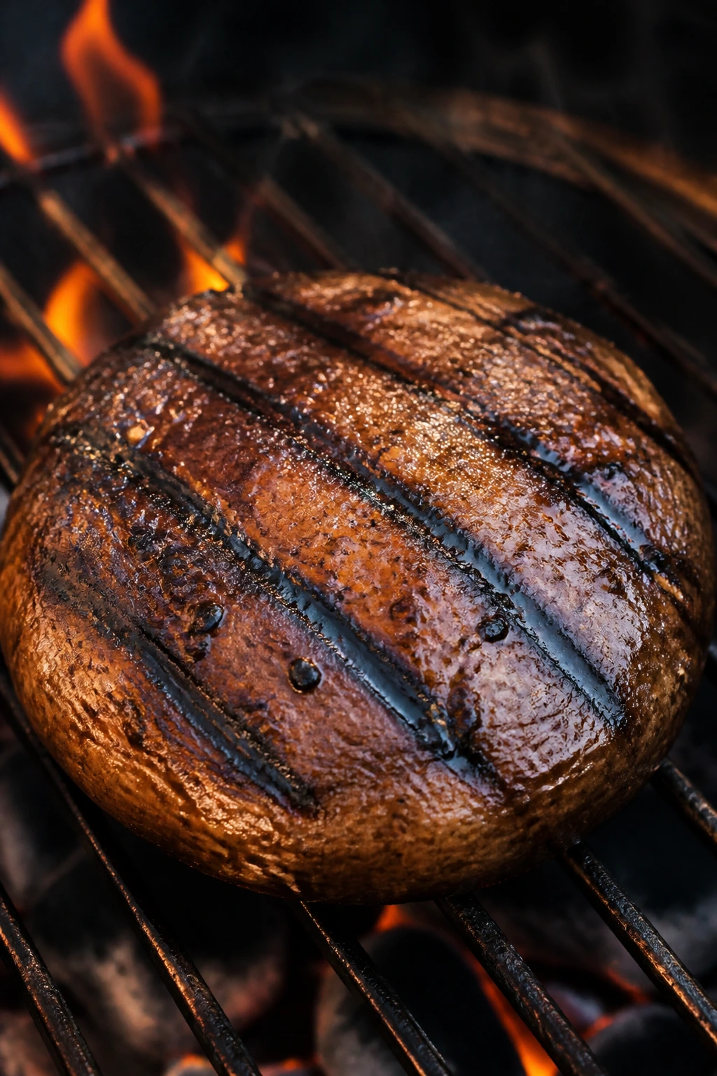 Close-up of a large portobello cap searing on a grill