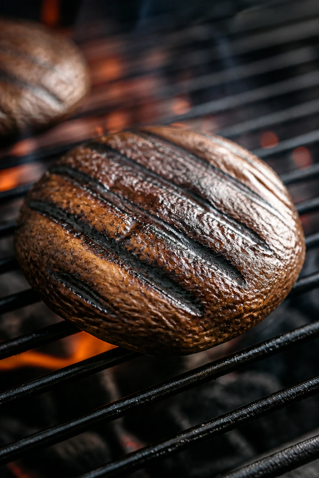 Close-up of a portobello mushroom cap searing on a grill with dark grill marks