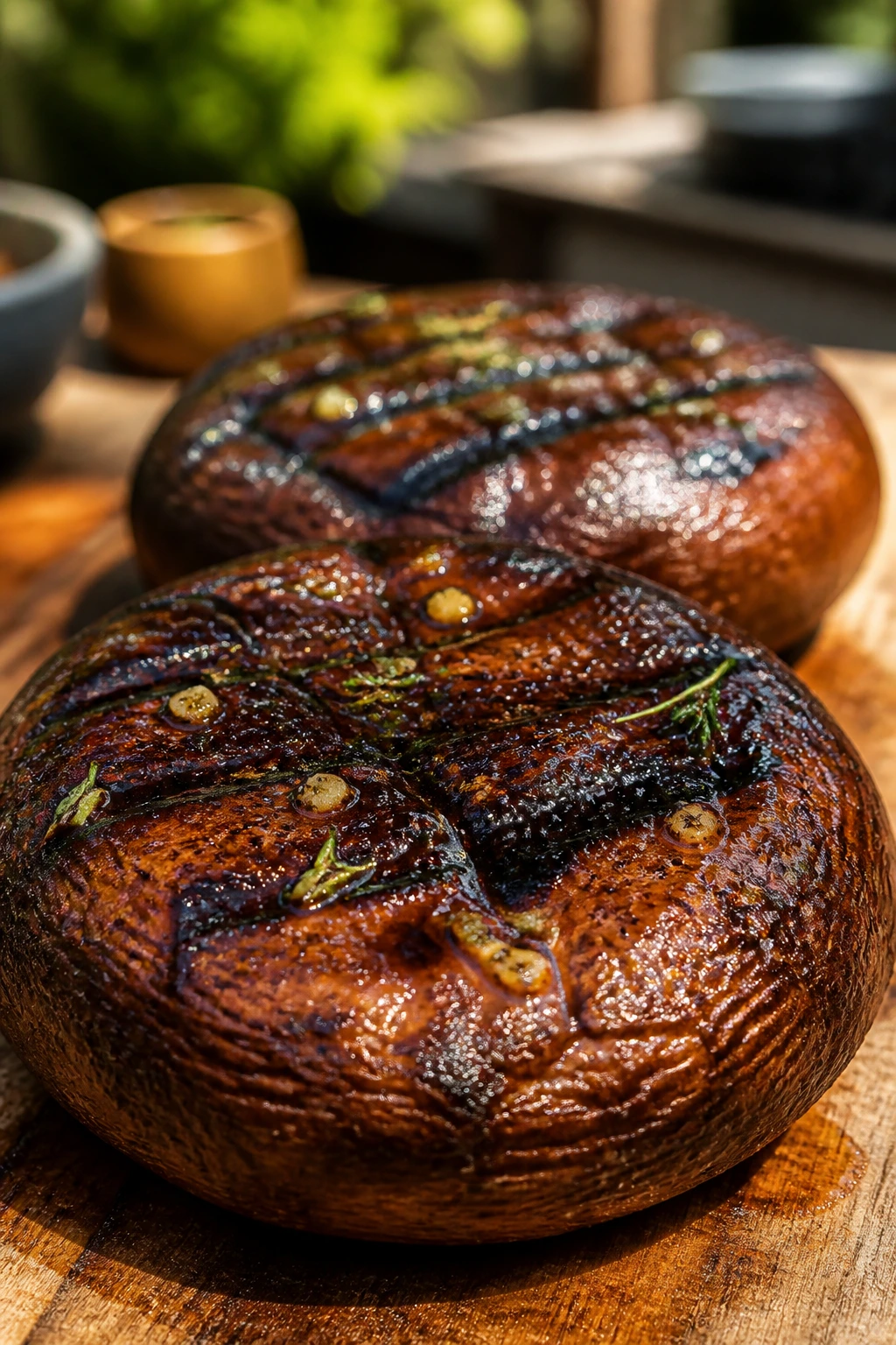 Two large portobello caps with glaze on a rustic board outdoors
