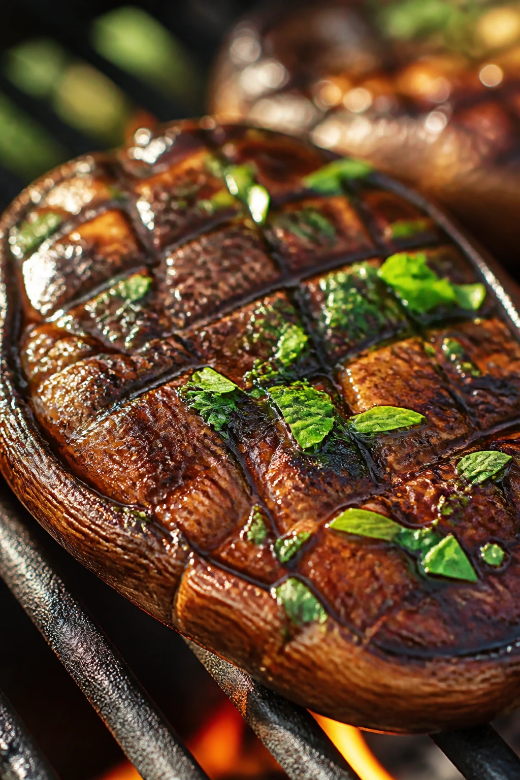 Marinated portobello mushroom with a glossy glaze on a grill in a backyard