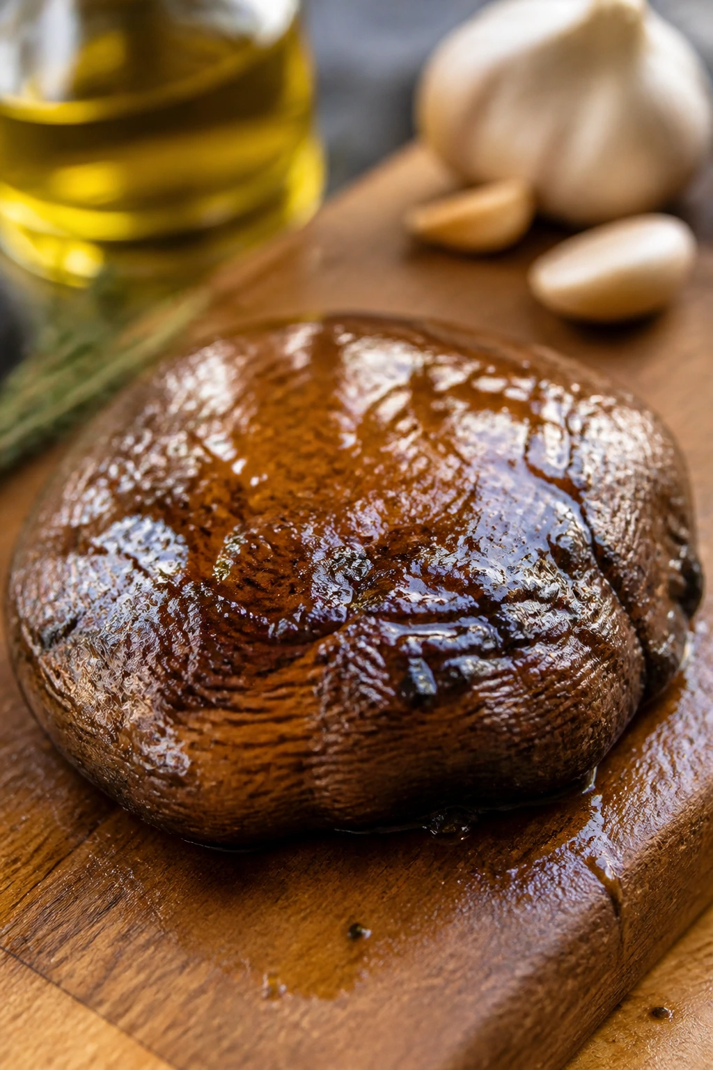 Single portobello cap with glossy glaze on cutting board