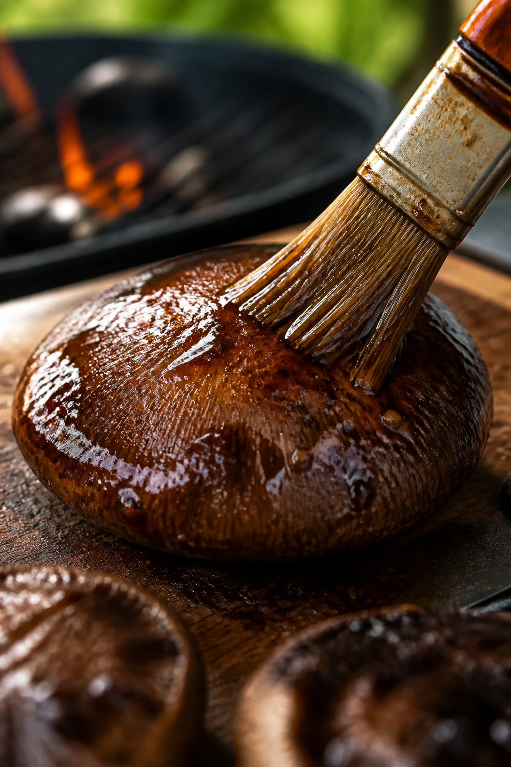 Portobello cap brushed with marinade in outdoor prep area