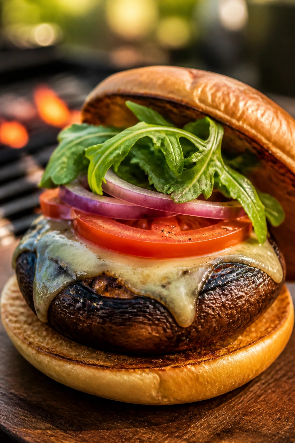 Grilled portobello mushroom burger on a bun outside