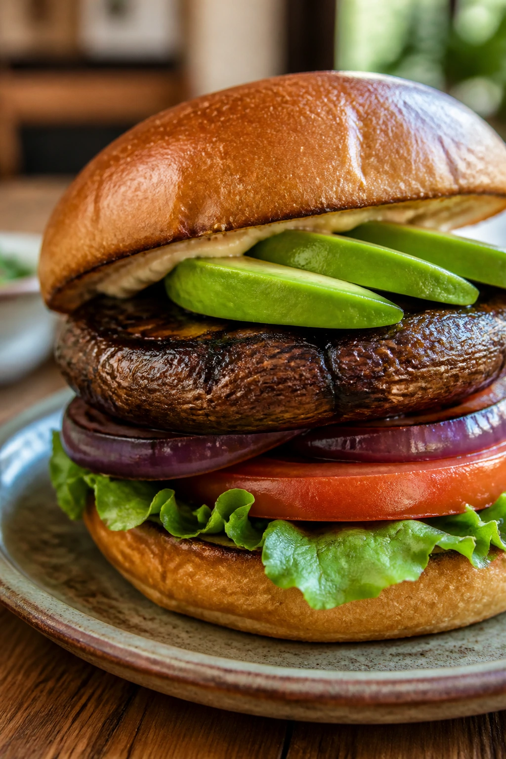 Close-up of portobello mushroom burger with avocado in a bun