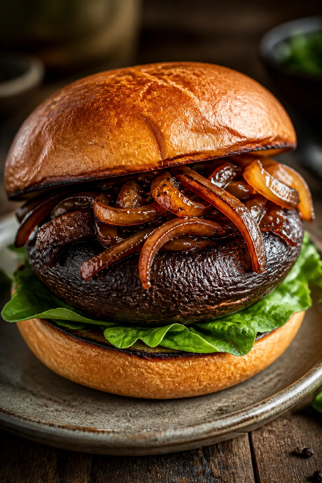 Close-up of portobello mushroom burger with caramelized onions