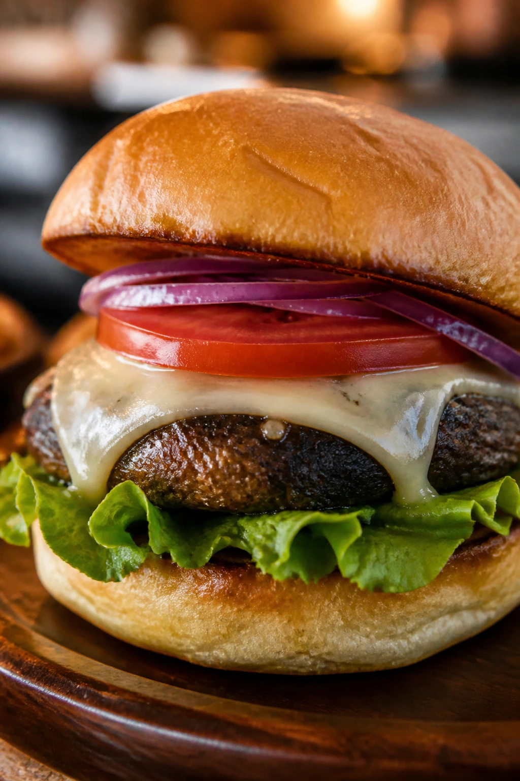 Close-up portobello mushroom burger on a bun with toppings