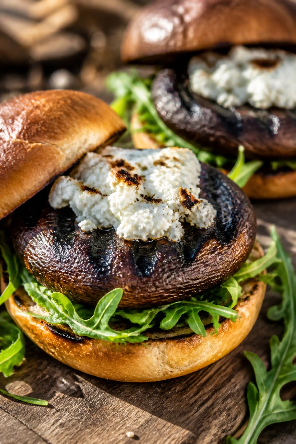 Portobello mushroom burger with goat cheese close-up
