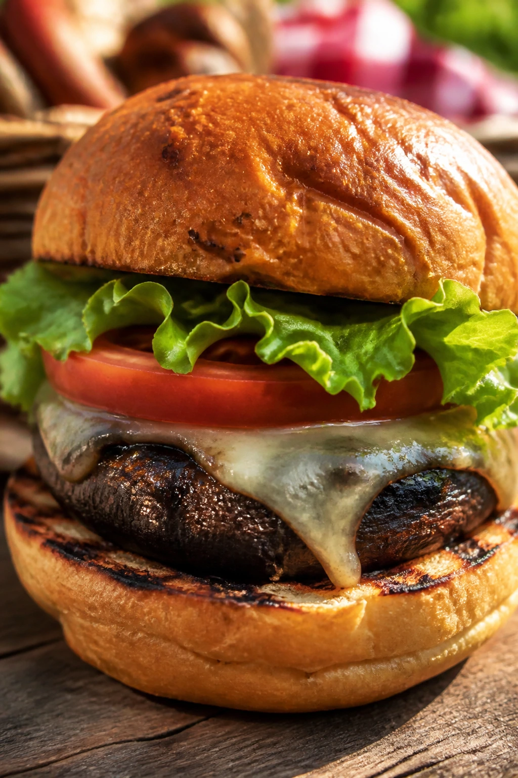 Portobello mushroom burger on a bun outdoors