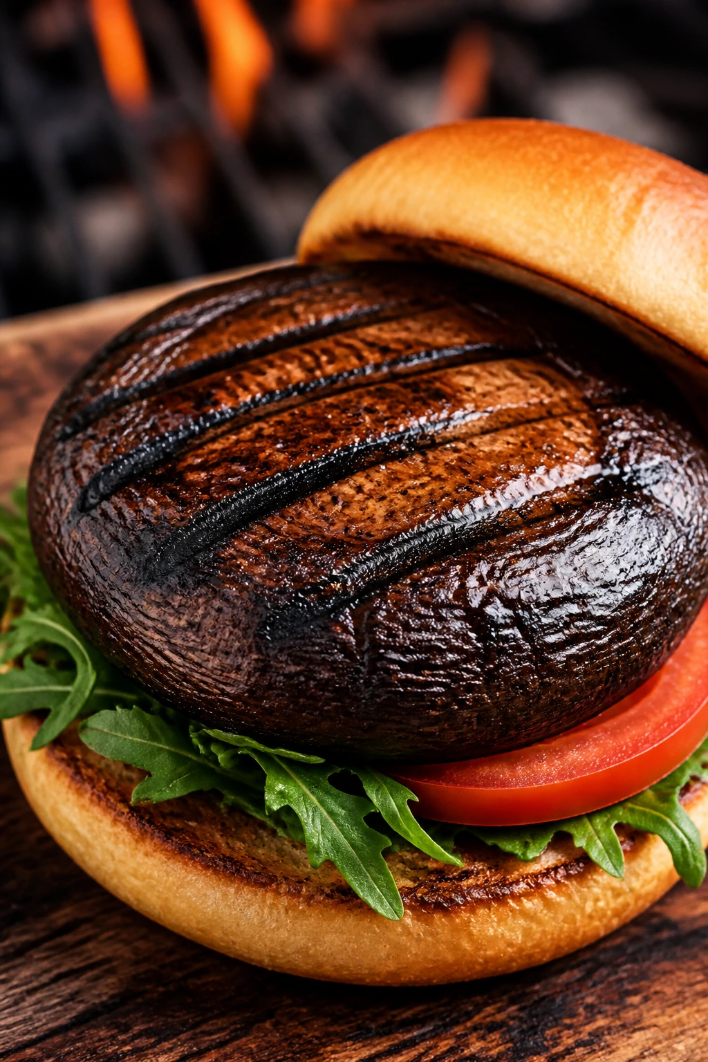 Close-up of portobello mushroom burger on bun with greens