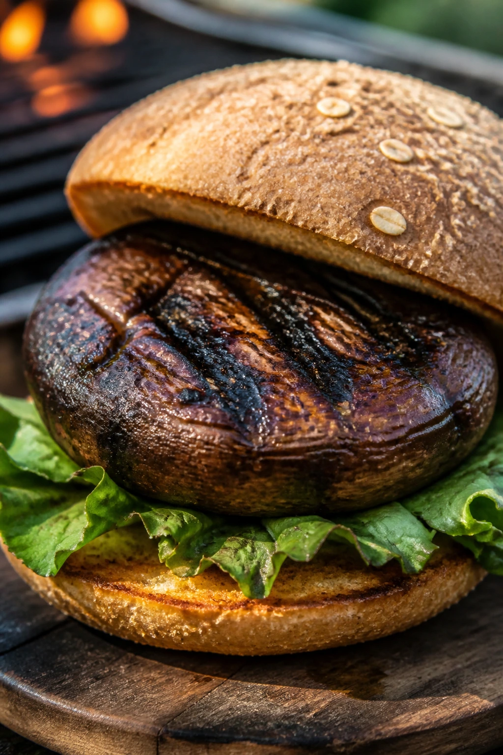 Close-up of a grilled portobello mushroom burger with char and glaze on a bun.