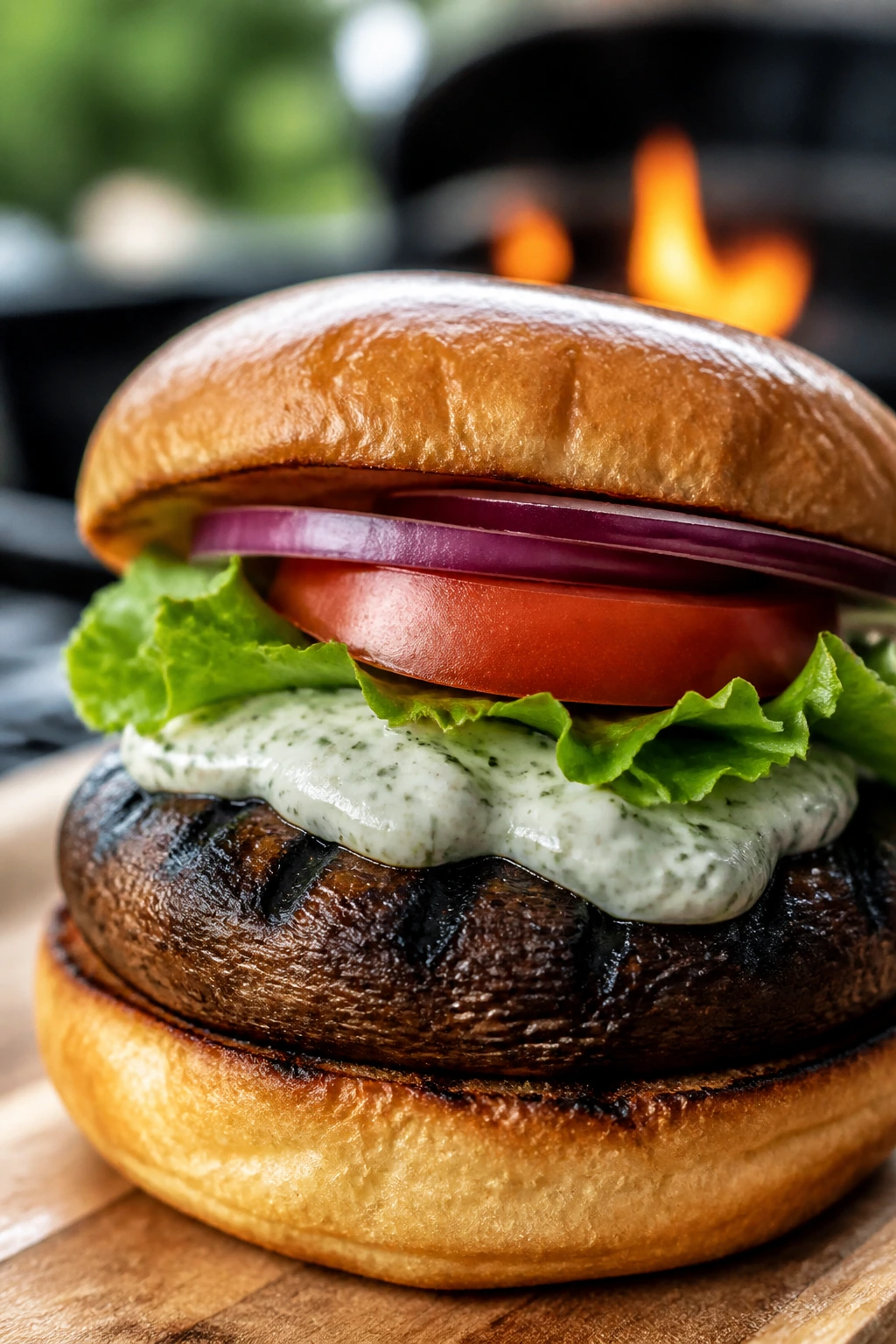 Close-up of portobello mushroom burger with herby mayo