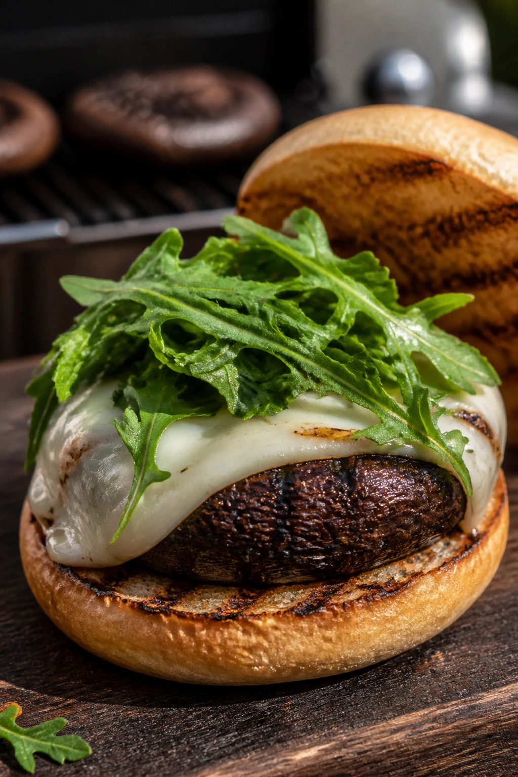 Close-up of a portobello mushroom burger on a bun