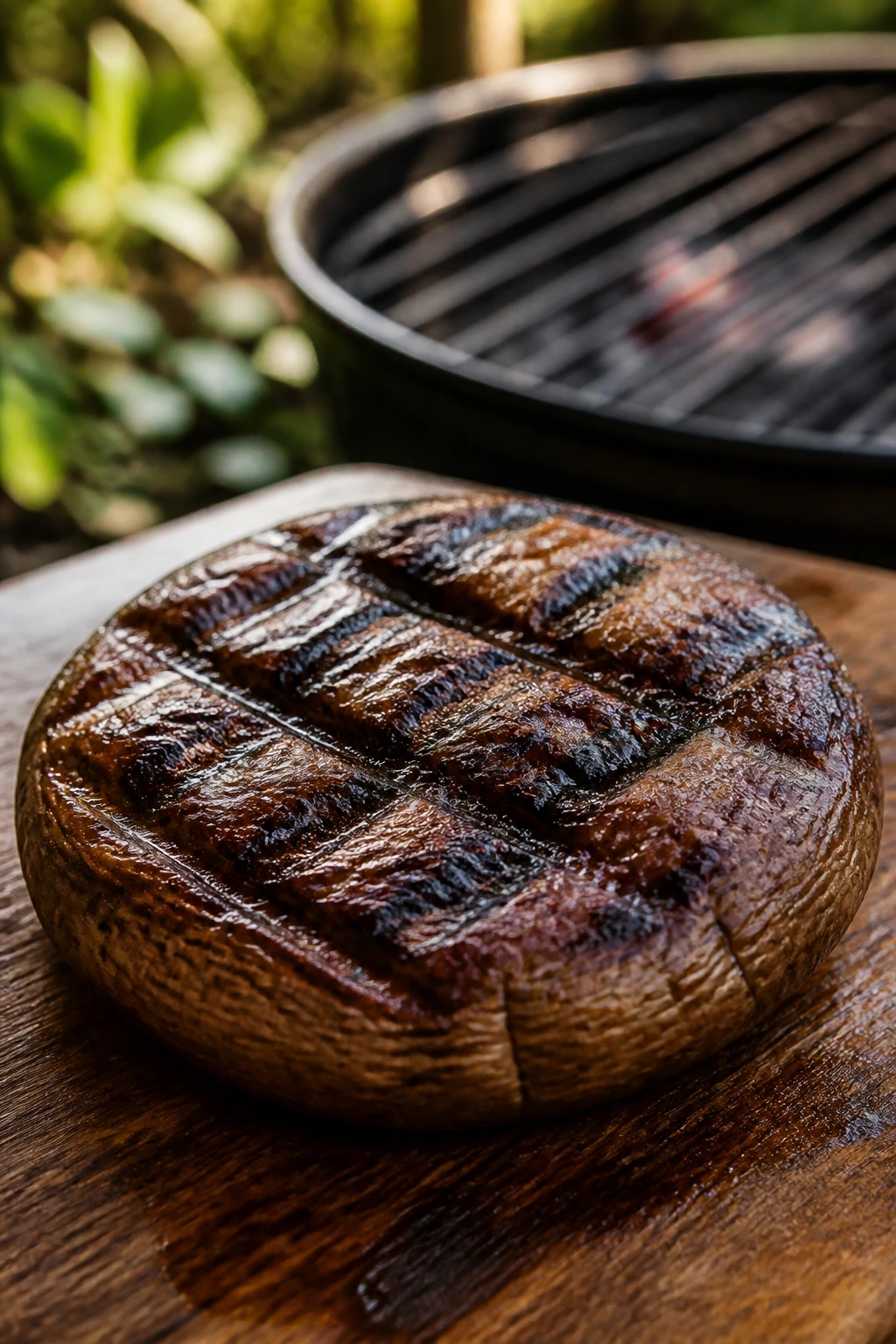 Close-up of a large grilled portobello cap with grill marks