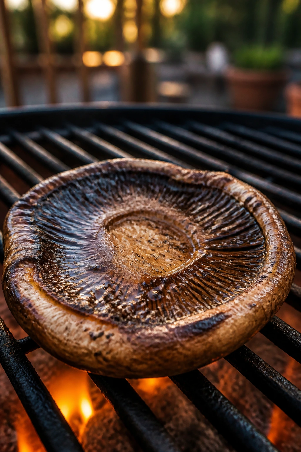 Close-up of a single portobello mushroom on a grill in a backyard setting