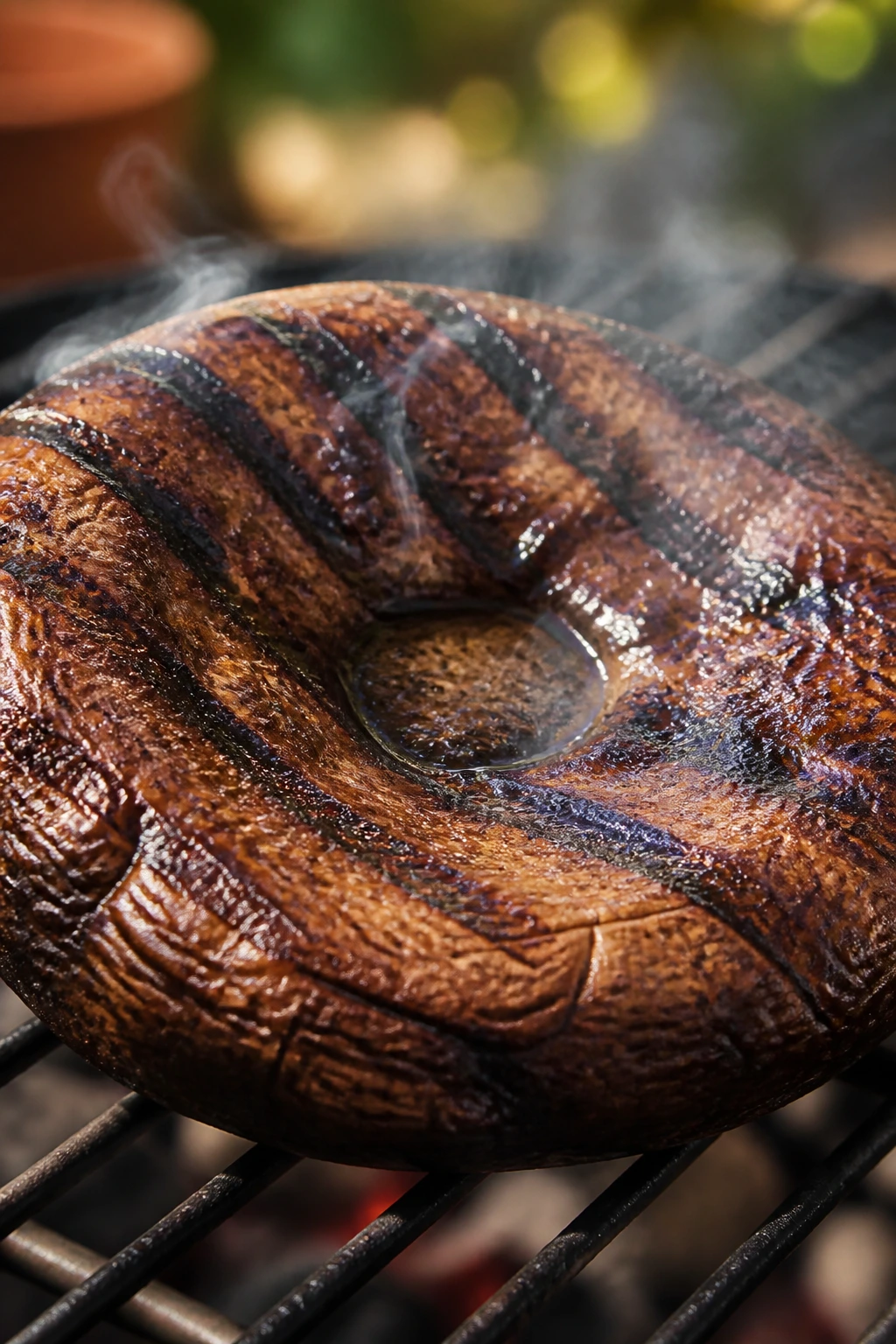 Close-up of a portobello mushroom with char marks in outdoor grilling setting