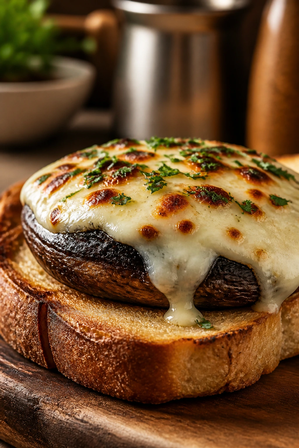 Close-up Portobello mushroom melt on toasted bread