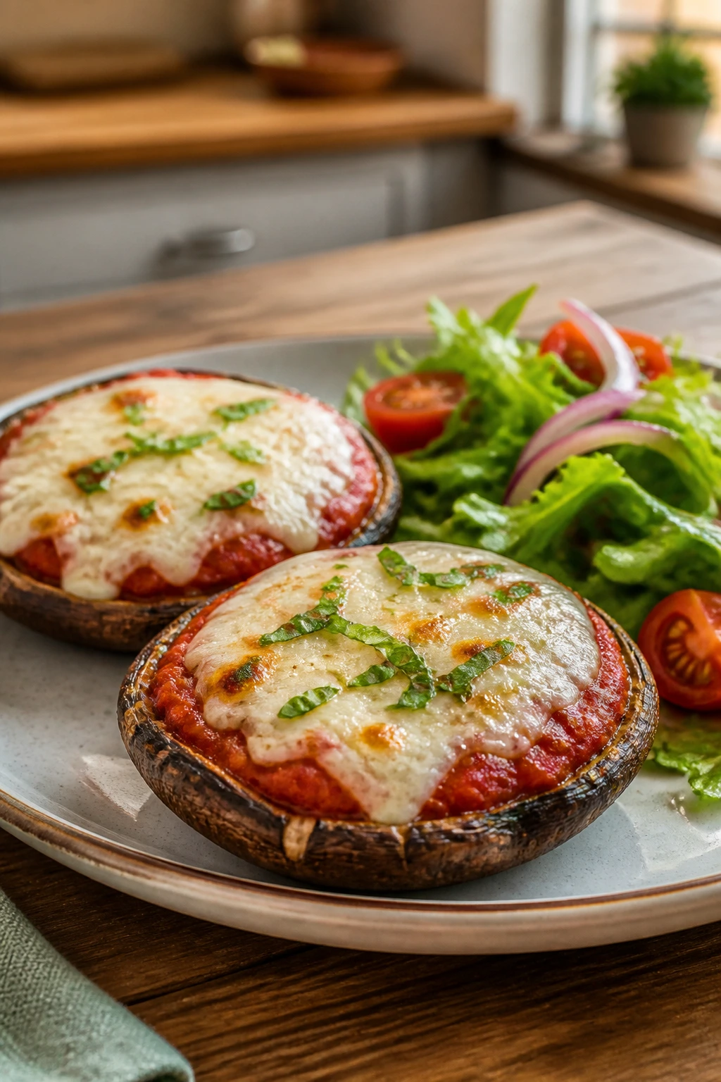 Close-up of portobello mushroom pizzas with side salad on wooden table.