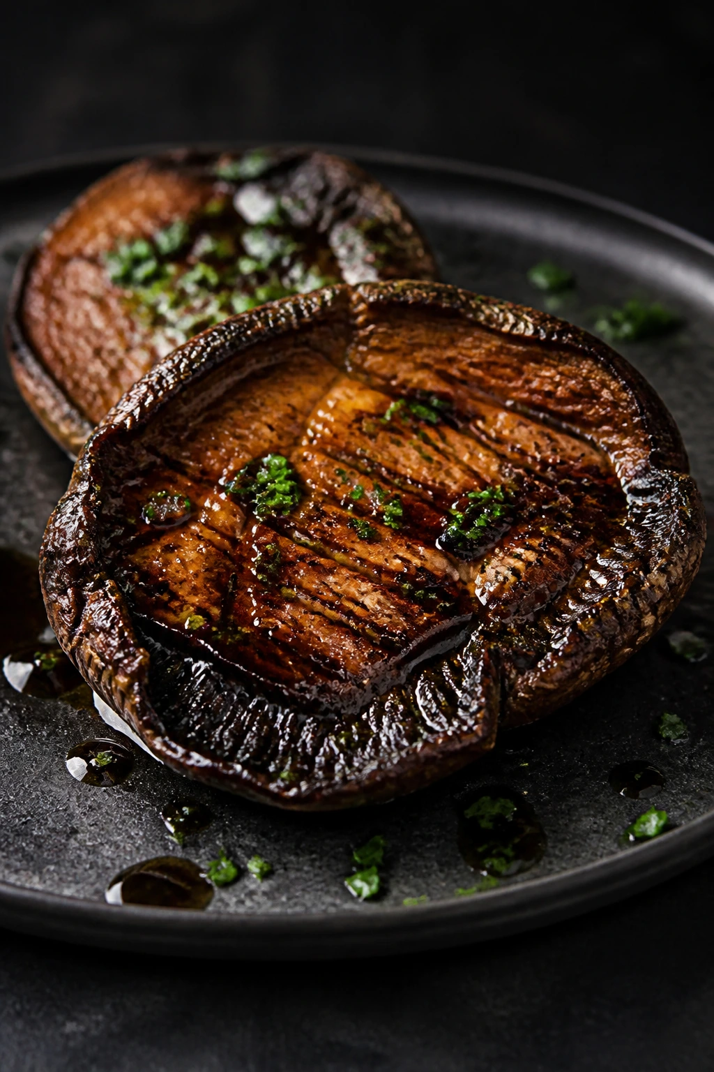 Portobello mushroom steaks with balsamic glaze on plate