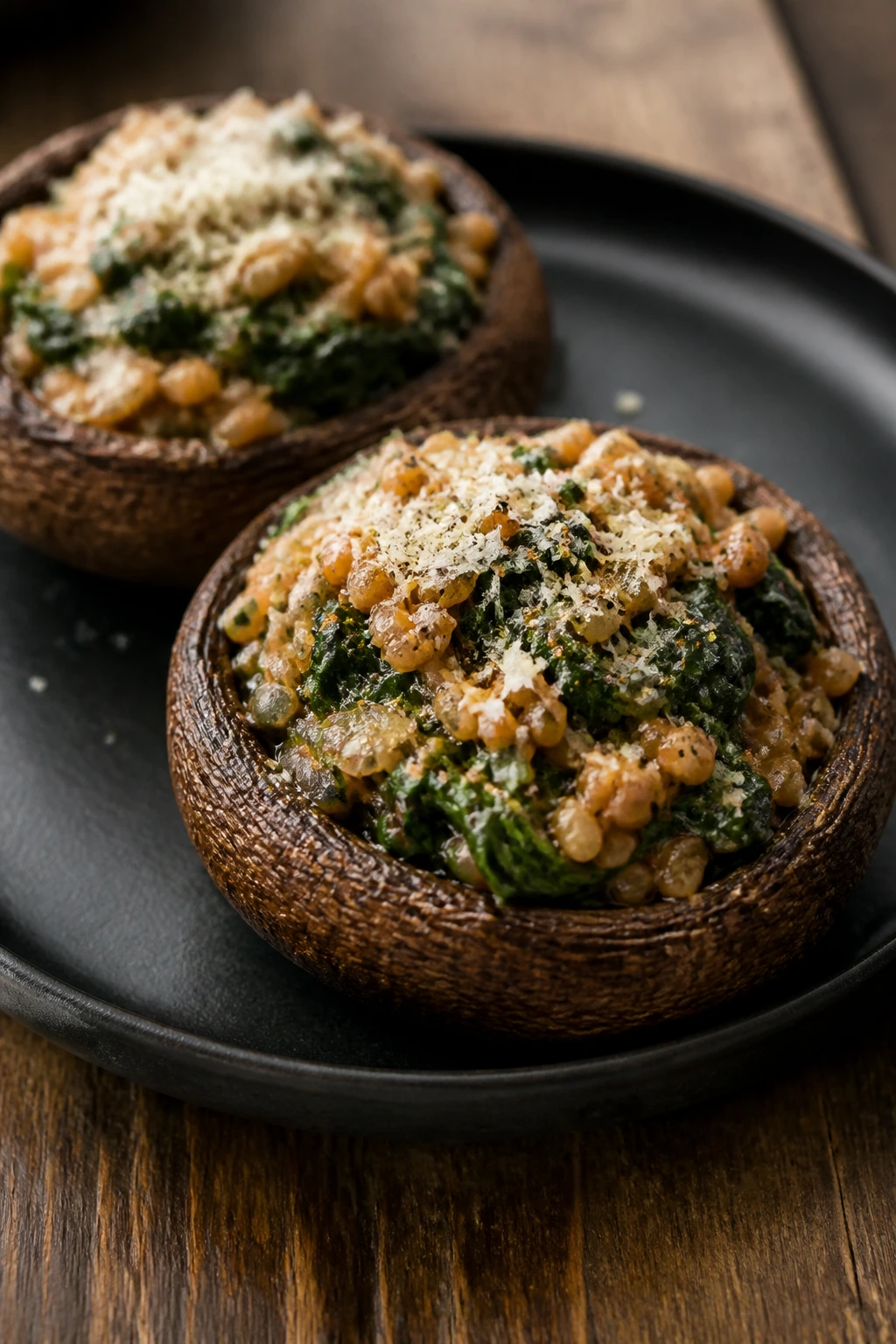 Portobello mushrooms stuffed with spinach and farro