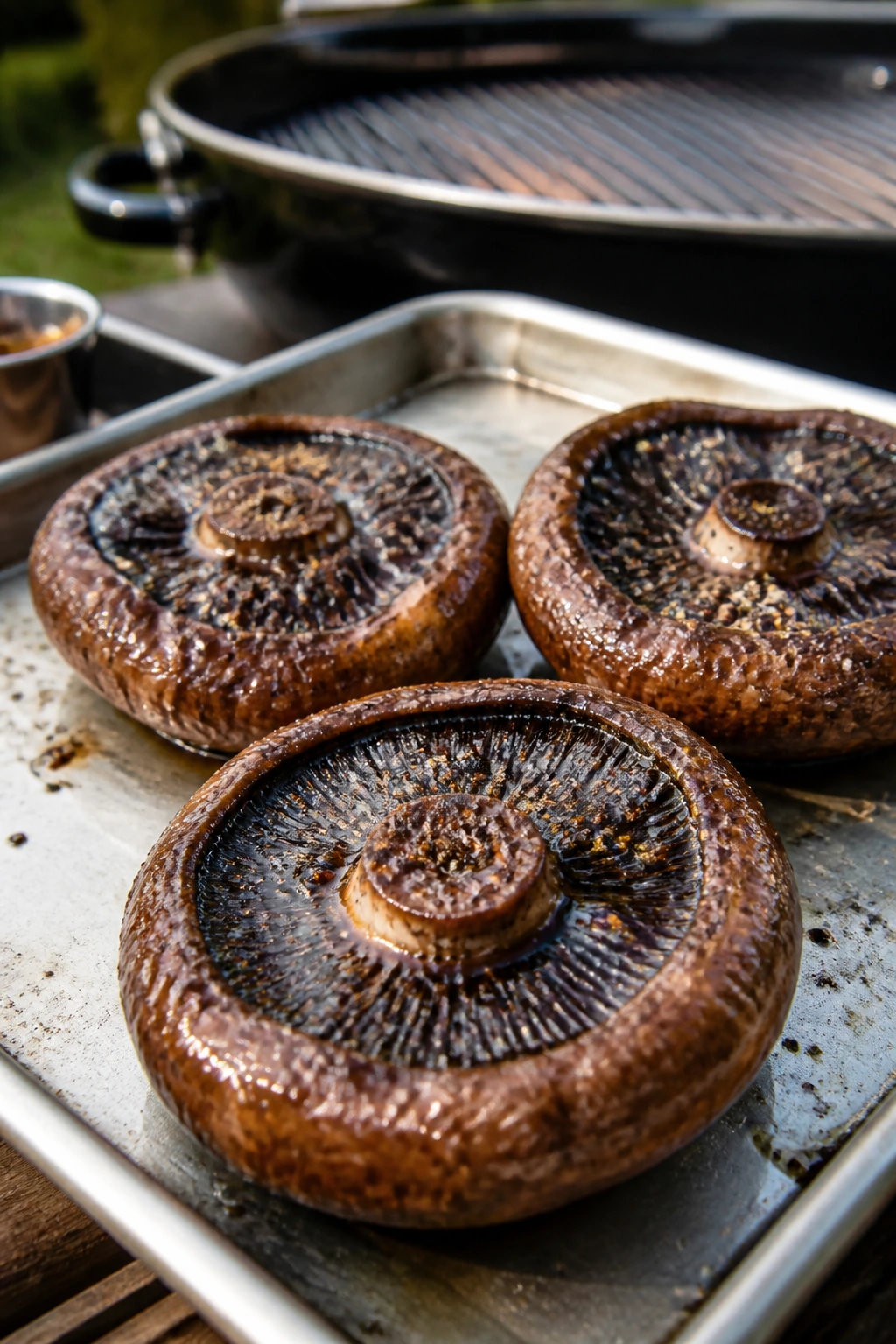 Three portobello caps ready for grilling on a baking sheet