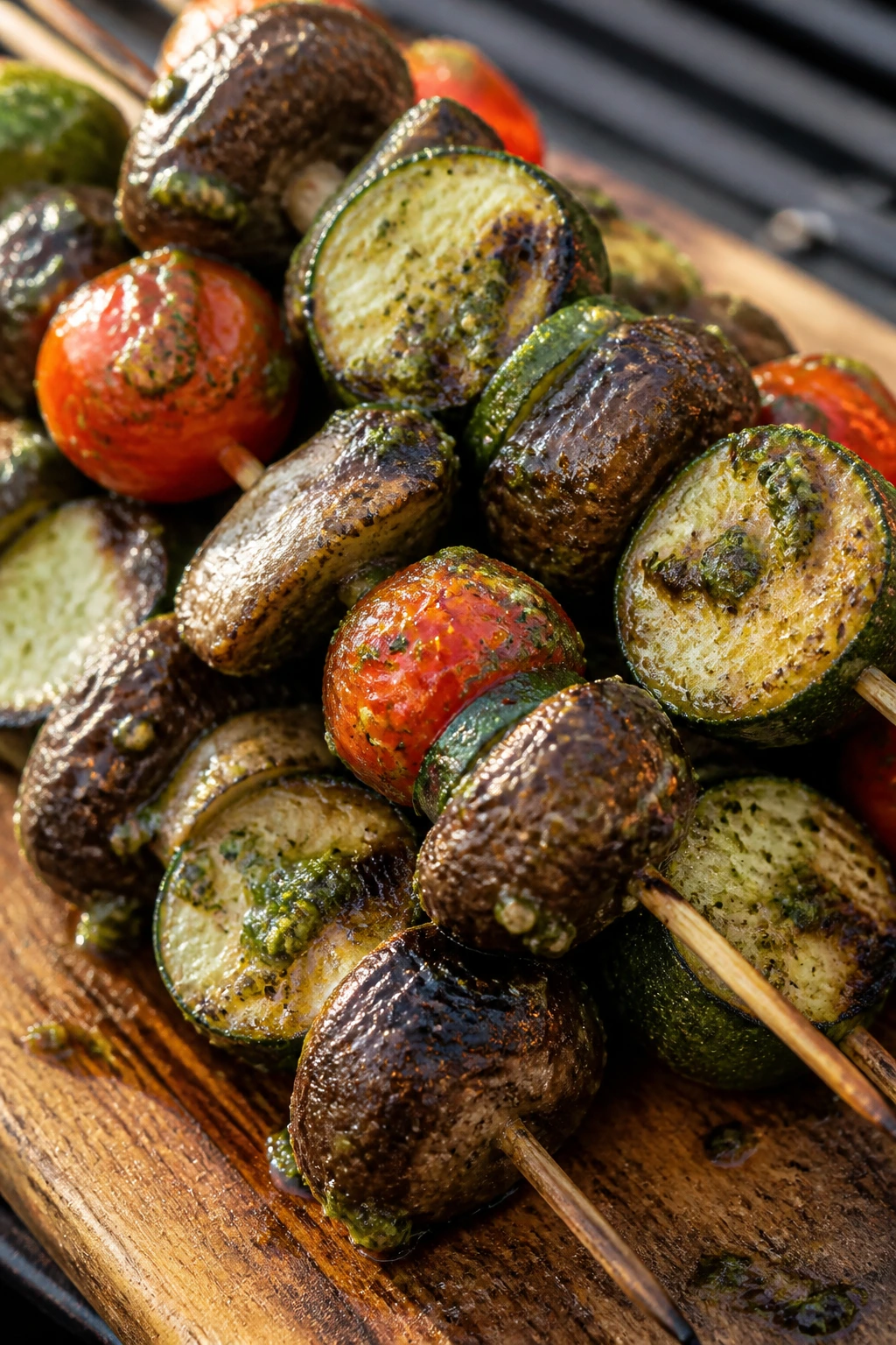 Close-up of pesto coated Portobello and cherry tomato skewers on grill