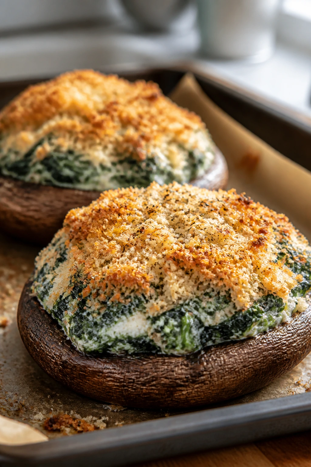 Stuffed portobello mushrooms filled with spinach and ricotta on a baking sheet