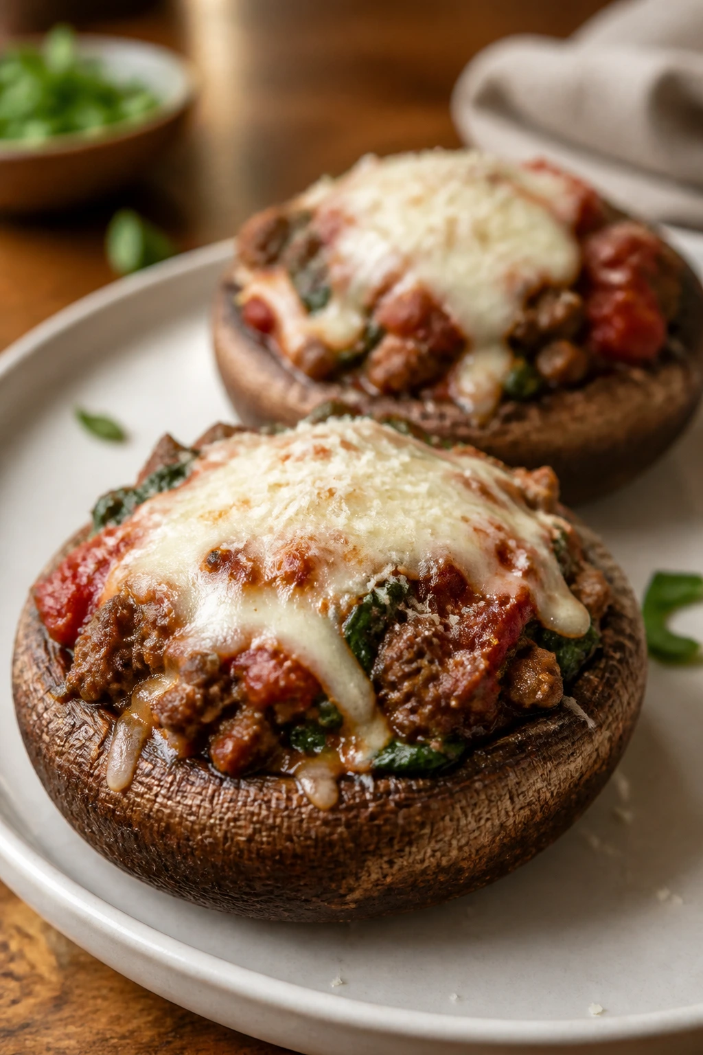 Two stuffed portobello mushrooms with beef filling and melted cheese